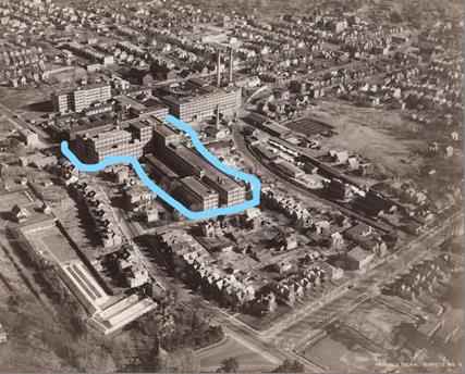 Here amid the sprawling 25-acre Edison West Orange complex (ca.1928), shown in blue outline, is the block-long, L-shaped battery production facility. Part of the building still stands today.