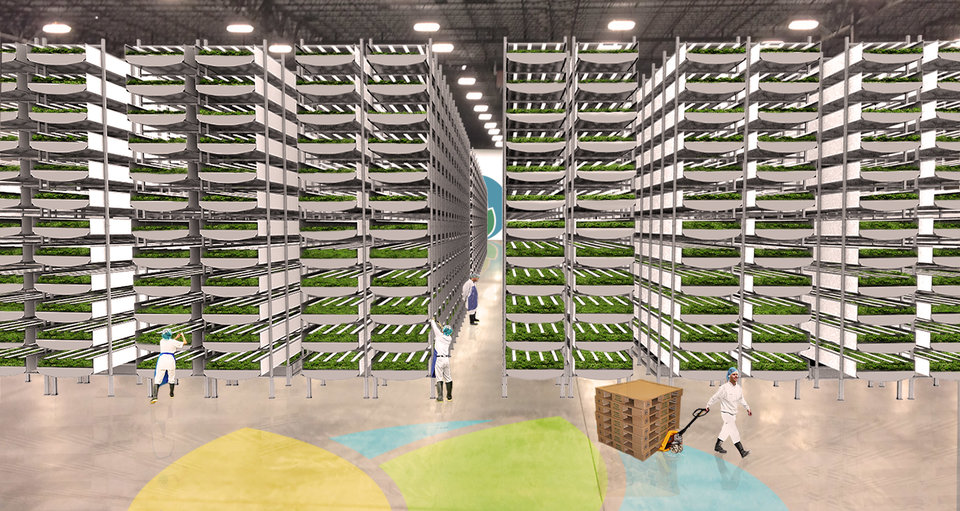 A rendering of Aerofarms' new facility, the world's largest vertical farm—built on an old manufacturing site.